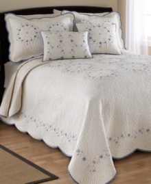 Soothing and serene, the Delphine sham defines cozy comfort with intricate, allover quilting, delicate floral embroidery and patterned trim. A beautiful scalloped edge finishes the look with graceful polish.