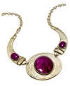 Purple reigns. The color stands out in this statement necklace crafted from gold tone mixed metal for Style&Co. A purple stone is at the center, while smaller cabochons adorn the edges. Approximate length: 10 inches. Approximate drop: 5-1/2 inches.