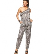 A ruffled one-shoulder strap adds femme flair to this printed Bar III jumpsuit -- a hot alternative to a dress!