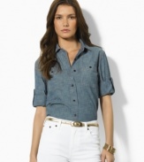 This crisp cotton shirt crafted for an exquisitely tailored fit features convertible sleeves, from Lauren Jeans Co.