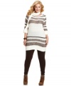 Link up your leggings with Extra Touch's striped plus size tunic sweater, featuring a removable scarf!