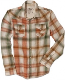 Best Western. In a vivid palette, this plaid shirt from Guess has that rough and rugged look you'll like.