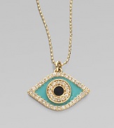 A protective evil eye, strung from a delicate 14k yellow gold chain, is rendered in sparkling diamonds and vibrant enamel.Diamonds, 0.39 tcw Enamel 14k yellow gold Chain length, about 16 Width, about ¾ Claw Clasp Made in USA