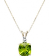 An elegant accent piece in your favorite hue. This stunning pendant features a cushion-cut peridot (1-5/8 ct. t.w.) and a round-cut diamond accent. Set in 14k gold. Approximate length: 18 inches. Approximate drop: 1 inch.