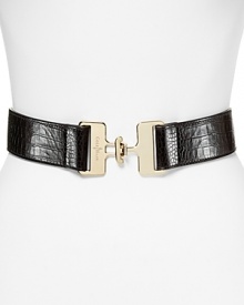 Cole Haan defines the waist with croc-embossed leather and a bold interlocking buckle.