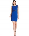 Calvin Klein's ponte-knit sheath looks special with flattering pleating at the waist and a shiny belt-like embellishment.