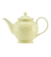 With fanciful beading and a feminine edge, this Lenox French Perle teapot has an irresistibly old-fashioned sensibility. Hardwearing stoneware is dishwasher safe and, in a soft pistachio hue with antiqued trim, a graceful addition to any meal. Qualifies for Rebate