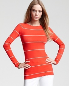 Hit the high seas in the height of style when you opt for a BCBGMAXAZRIA striped top in radiant red. The stretch silhouette flaunts your sensational curves, plus pairs perfectly with everything from denim cutoffs to sleek white pants.