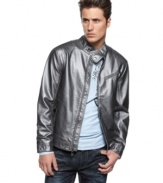 Rock n' roll your way to hip style with this pleather jacket from INC.