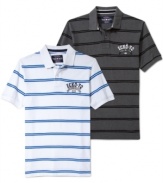 Pump up your preppy style with this Ecko Unltd striped and graphic print polo.