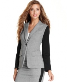 Mix-and-match style: solid-color sleeves add an extra dose of chic to this houndstooth blazer from BCX!