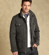 Play the field. The polytwill on this field jacket from Tommy Hilfiger puts a rugged military spin on your style.