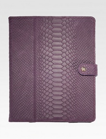 Designed to fold horizontally or vertically to hold your device at the ideal angle for viewing video or typing. This case holds your iPad securely with four leather wrapped corner straps and a snap closure.Accommodates all iPad models8 X 9.75Embossed pythonMade in USAPlease note: iPad not included 