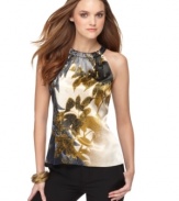 A chic halter neckline and pretty floral print make this T Tahari blouse a charming addition to your weekend wardrobe.