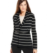 Inspired by maritime style, Calvin Klein's sailor-striped jacket features an attached belt for a nipped-in waist.