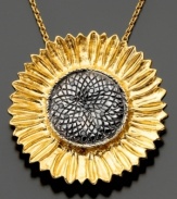 Celebrate light and life with this beautiful sunflower pendant featuring black diamond accents set in 14k gold over sterling silver. Approximate length: 18 inches. Approximate drop: 1-1/4 inches.