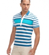 Stand up and make a statement. Casual style can still standout with this bold striped polo shirt from Hugo Boss BLACK.