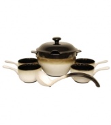 Warm up with French onion, split pea and the cool retro styling of the Nova 7-piece soup set from Sango's collection of serveware and serving dishes. Oven-safe bowls and a coordinating soup tureen make it easier than every to get a hot, enticing meal.