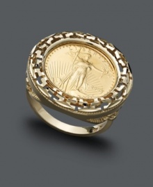 Looking for a change? This unique design highlights an antique-inspired coin center edged by a Greek key pattern. Crafted in 14k gold.