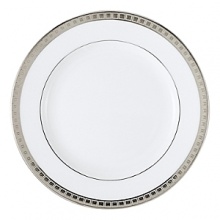 Beautiful, white Limoges porcelain with a dynamic platinum border, the geometric motif of the Athena collection creates a dimensional and graphic appearance. Also available with gold border.