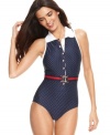 Playful and preppy-chic, Tommy Hilfiger's polka dot one-piece swimsuit features a polo collar and a removable striped belt!