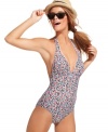 A little sweet, a little sultry: Jessica Simpson's one piece swimsuit combines a pretty floral print with a plunging V-neckline!