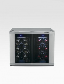 Store up to 12 bottles of wine at temperatures that preserve their integrity with this modern, dual-zone wine cellar. With a temperature range of 39-68 degrees, this dual compartment cellar keeps whites, Champagnes and reds chilled at expert-recommended temperatures.