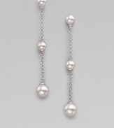 Graceful chains of sterling silver have round white pearls at the top, the bottom and in the middle as they dangle delicately. 6mm and 8mm white round organic man-made pearls Sterling silver Drop, about 2¾ Post back Made in Spain