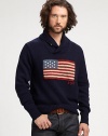 Crafted from a luxe linen-cotton blend, this star-spangled shawl-collar sweater salutes the flag in sharp style.Shawl collarRibbed knit collar, cuffs and hem55% linen/45% cottonDry cleanImported