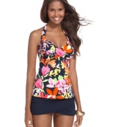 Have more fun in the sun in Anne Cole's floral printed tankini top! The flattering draped details and vibrant colors give it a lush, tropical look.