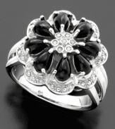 Boldly sophisticated, this ring fits any fashion, mood or whim. Featuring pear-shaped black onyx beads (5x3 mm) and diamond accents on sterling silver. Size 7.