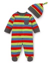 Offspring offers up a classic cuddly look, the soft cotton footie and matching hat, rendered in stripes and contrast trim.