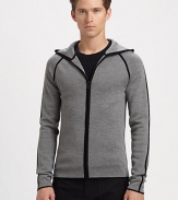 A refined take on the classic hoodie, this warm, finespun wool style is accented with bold contrast detailing.Attached hoodZip frontContrast trimWoolHand washImported