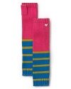 Juicy Couture arm warmers beat drab winter days with shining metallic trim and bright stripes.