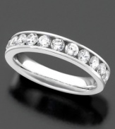 Radiant round-cut diamonds (1 ct. t.w.) are displayed in a classic channel setting on this 14k white gold ring.