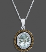 Opulent and eye-catching, this fine necklace is crafted of baby blue oval-cut aquamarine (1-2/5 ct. t.w.) and round-cut chocolate diamonds (1/2 ct. t.w.) and diamond accents on 14k white gold. Approximate length: 18 inches; approximate drop: 1 inch.