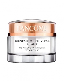 Bienfait Multi-Vital NightHigh Potency Night Moisturizing Cream VITA-NUTRI 8™RECHARGED, RADIANTLY LUMINOUS, READY TO FACE THE DAY.Your skin is the mirror to your lifestyle. When a hectic schedule and stress intrude on your sleep, your skin can be left visibly tired, dull and less elastic. To counteract the imbalances of modern life, boost your skin's high-powered nightly recovery process with VITA-NUTRI 8™. Made with 3 vitamins, 3 minerals and 2 essential fatty acids, this innovative complex is essential for skin's well-being. Wake up to skin that looks its healthy best.TRIPLE ACTION FORMULA- Locks in Moisture -- A unique nurturing complex infuses moisture back into skin while Vitamin A helps skin renewal.- Uncovers Healthy-Looking Skin -- Stimulates skin's vitality with an energizing complex of multi-minerals.- Boosts Your Skin's Defenses -- The potent combination of Omega 3 & 6 with Antioxidant Vitamins E + Cg helps to strengthen skin's ability to defend itself against external aggressors.