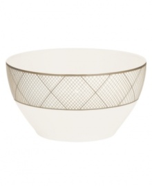 Dressed in a fine diamond grid of bronze and warm taupe, these small round bowls are tailored for formal dining and everyday elegance in bone china from Noritake dinnerware. The dishes are a handsome host for rice, sides or toppings.