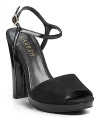 A patent ankle strap and chunky heel lend youthful style at any age. From Lauren by Ralph Lauren.