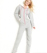 Super soft warmth from head to toe. Jenni's French Terry footie pajamas feature contrasting pink stitching on the cuffs, sleeves, and ankles and a contrasting pink zipper. The attached feet have grippers at the sole.