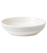 Effortlessly chic, the Simplicity pasta bowl by Vera Wang Wedgwood features a minimalist shape in casual porcelain lined with neutral gray and cream.