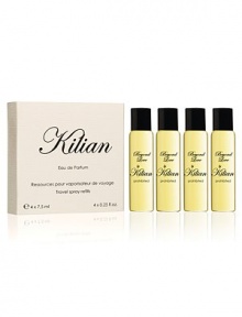 An incandescent tuberose, with narcotic charms. A travel spray for men and women. A magnetic object, literally. A monolith engraved with the Achilles' shield, signature of L'Oeuvre noire collection. As always, the travel spray is refillable to travel with your favorite Kilian fragrance. A set with 4 refills, 0.25 oz. each. 