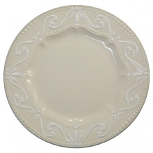 Feminine and sophisticated. Off-white porcelain body with white embossing. Dishwasher and microwave safe.