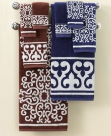 Step out of the shower and into the Mediterranean with soft cotton bath towels from Bianca. Mix washcloths covered in bold medallions with those framed in equally inspired graphics. Bright white adds striking contrast to navy and cocoa hues.