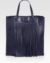 Long fringe detailing adds a touch of edge to this structured carryall design of smooth calfskin leather. Double top handles, 7 dropMagnetic snap closureOne inside open pocket13½W X 14H X 5¼DMade in Italy