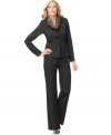 Le Suit adds a pop of color to this petite pinstriped pantsuit with the addition of a chic scarf: Alternate wearing with and without to keep your look fresh.