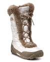 Take a winter walk in these stylish cold weather boots with lace-up styling, faux fur trim and down fill insulation.