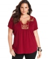 Spice up your casual style with Lucky Brand Jeans' short sleeve plus size top, accented by an embellished neckline.