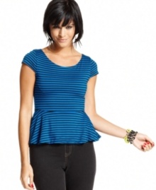 From the eye-catching stripes and exposed back zipper, to the flattering peplum design -- so many reasons to obsess over this top from Material Girl!