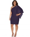 R&M Richards' plus size cocktail dress is stunning with its beaded one-shoulder silhouette. The sheer flutter sleeve gives the fitted silhouette a graceful finishing touch.